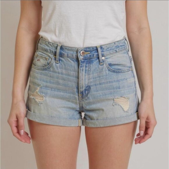Hollister Distressed Denim Shorts–Light Wash Folded Hem Cutoffs | Size 7 W28 Y2K - Picture 2 of 7